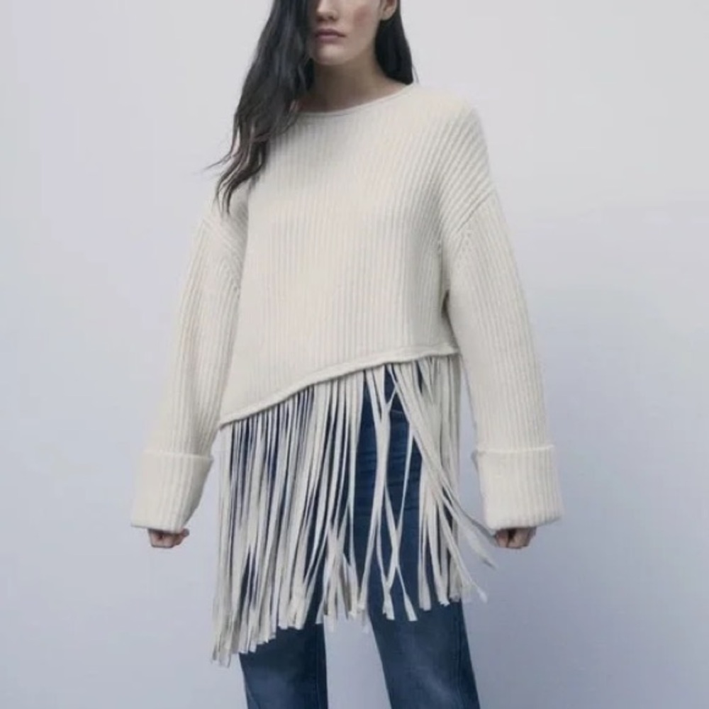 Zara cream fringe sweater, SIZE L